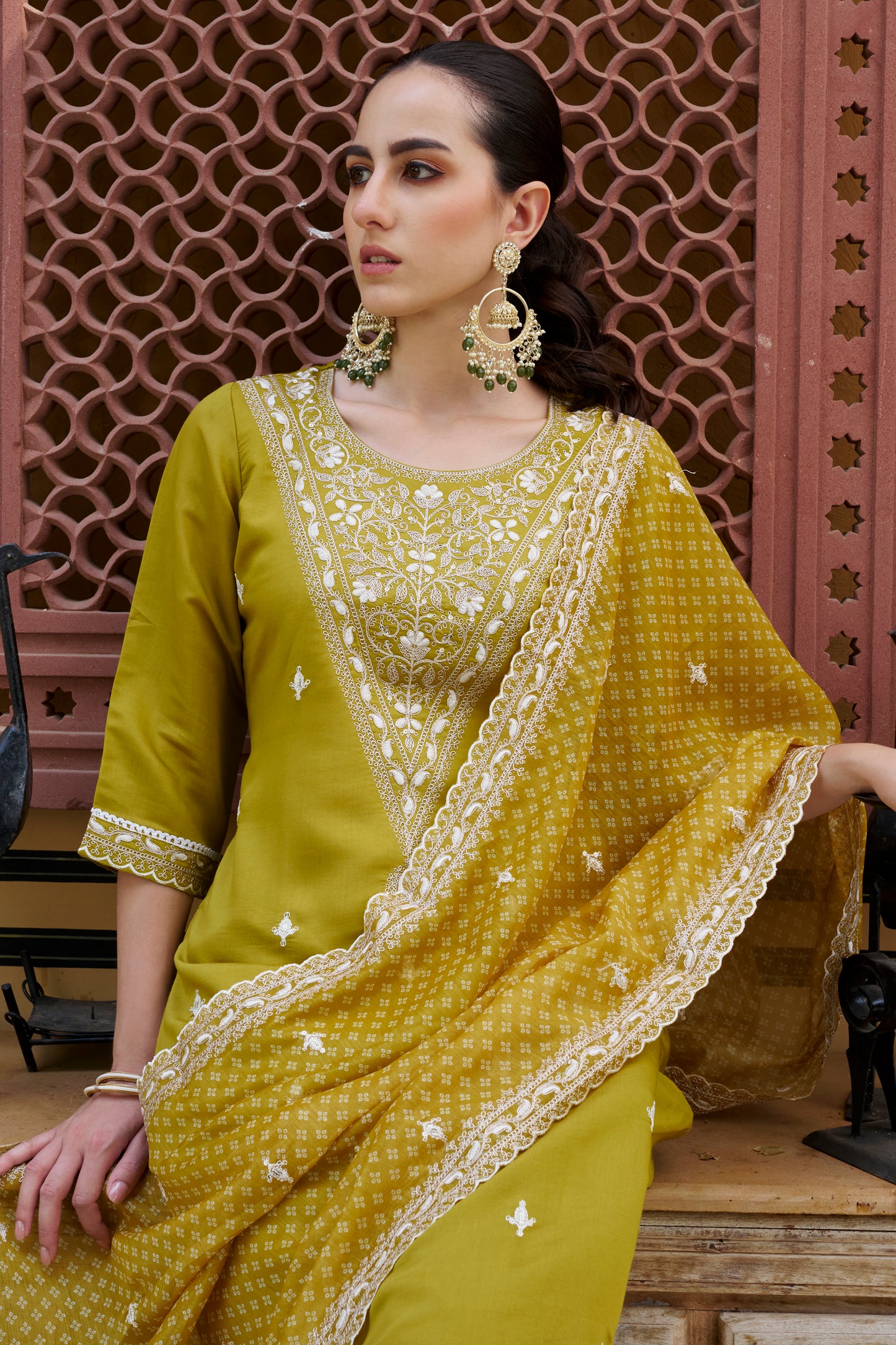 Dhiyona VV Tridevi Embroidered Silk Blend Straight Suit With Dupatta
