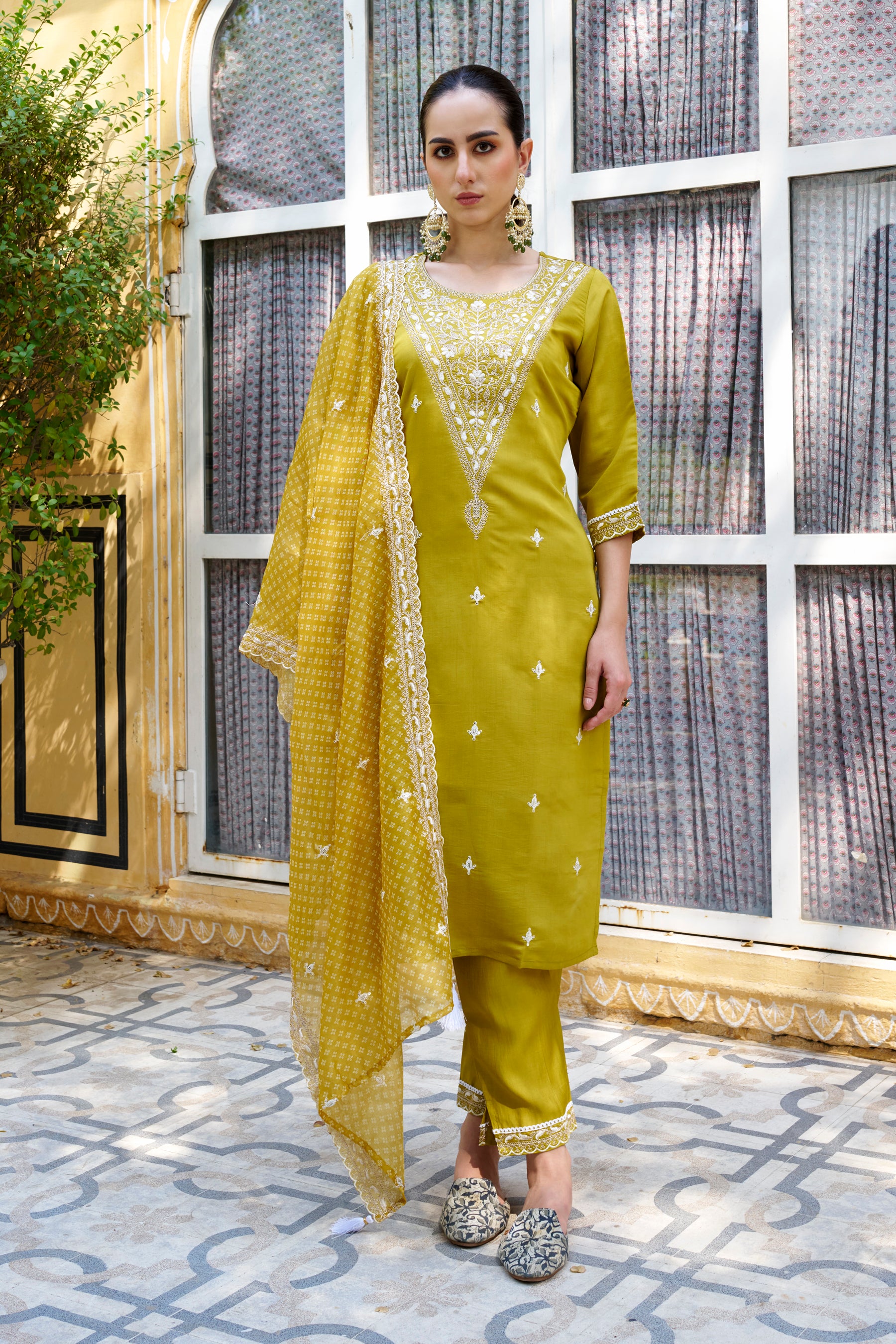 Dhiyona VV Tridevi Embroidered Silk Blend Straight Suit With Dupatta