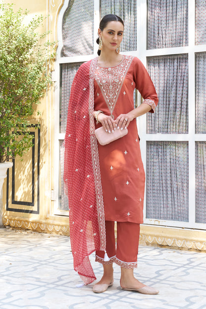 Dhiyona VV Chandrika Embroidered Silk Blend Straight Suit With Dupatta