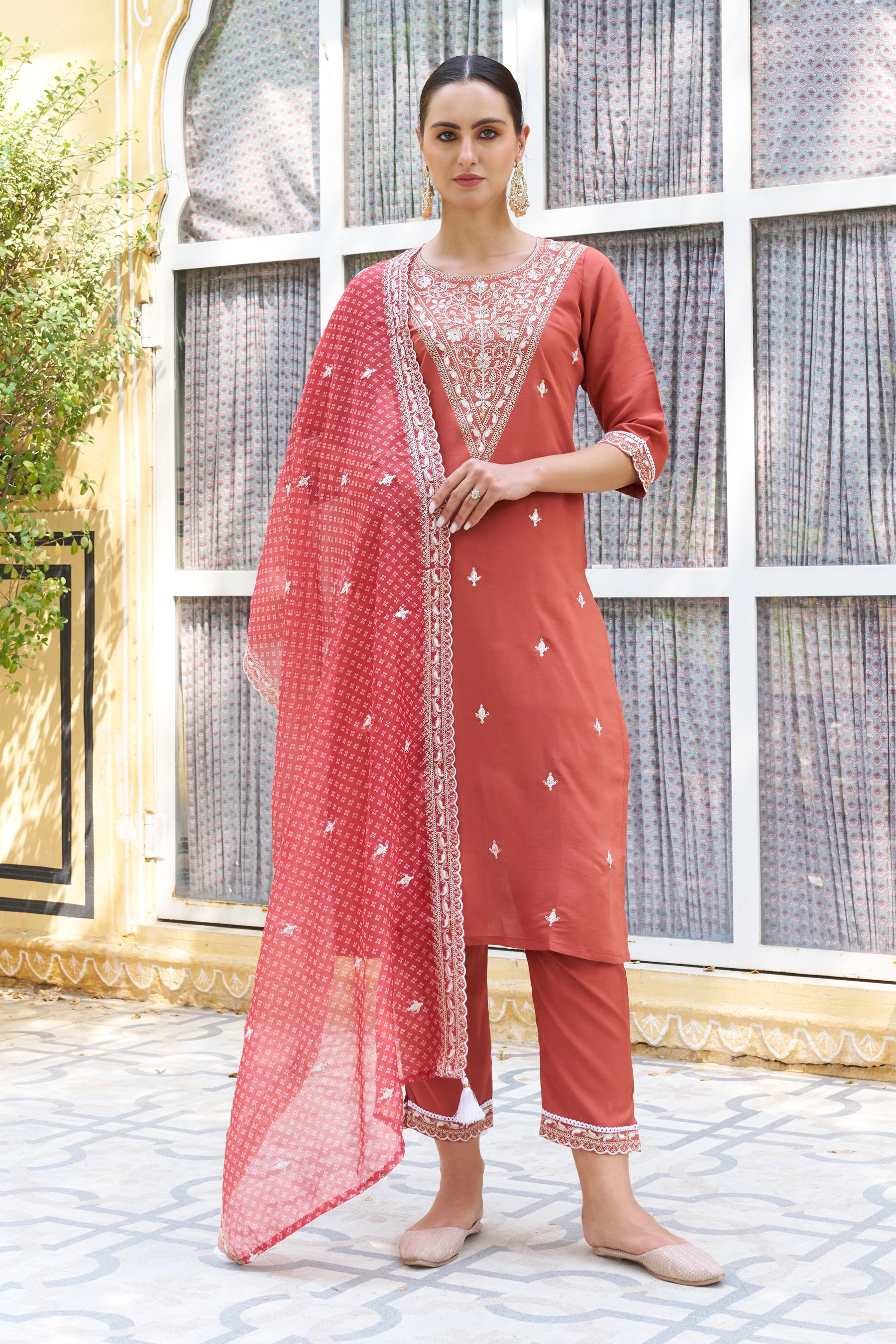 Dhiyona VV Chandrika Embroidered Silk Blend Straight Suit With Dupatta