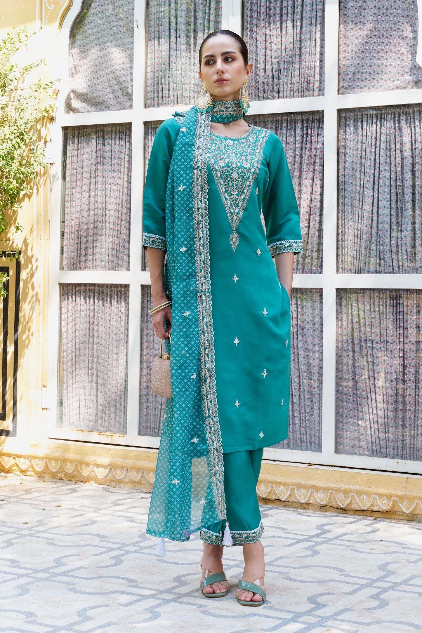 Dhiyona VV Surabhi Embroidered Silk Blend Straight Suit With Dupatta