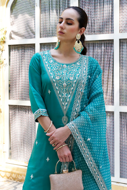 Dhiyona VV Surabhi Embroidered Silk Blend Straight Suit With Dupatta