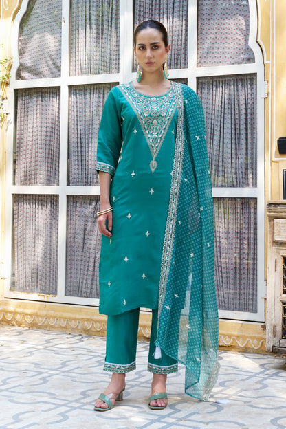 Dhiyona VV Surabhi Embroidered Silk Blend Straight Suit With Dupatta