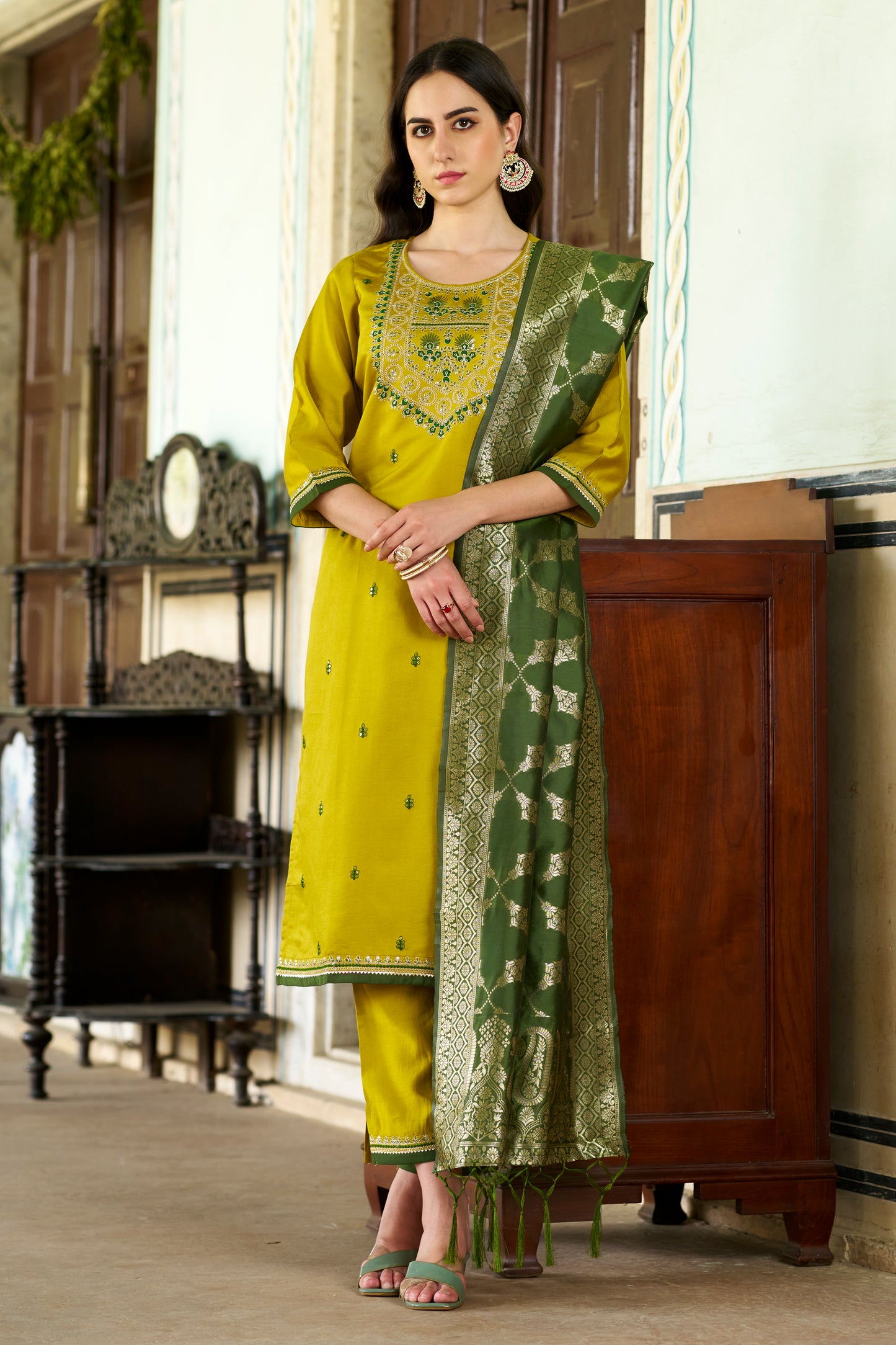 Dhiyona VV Tashi Embroidered Silk Blend Straight Suit With Dupatta