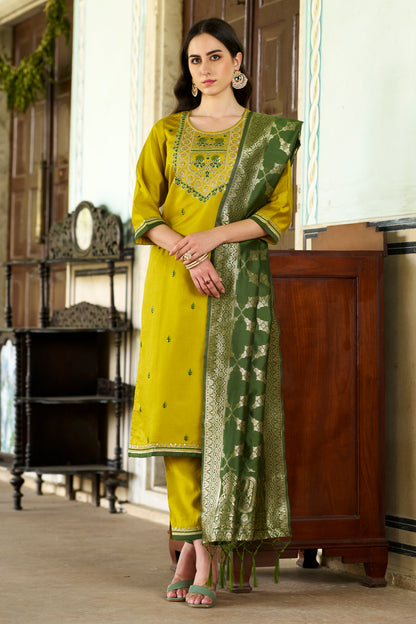 Dhiyona VV Tashi Embroidered Silk Blend Straight Suit With Dupatta