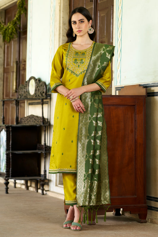 Dhiyona VV Reedhima Lemon Silk Blend Kurta With Dupatta Set