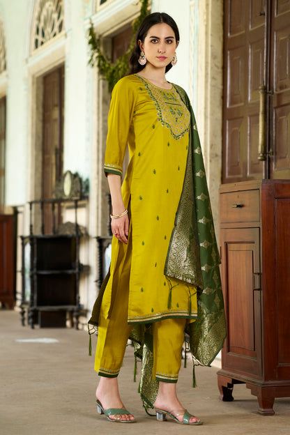 Dhiyona VV Tashi Embroidered Silk Blend Straight Suit With Dupatta
