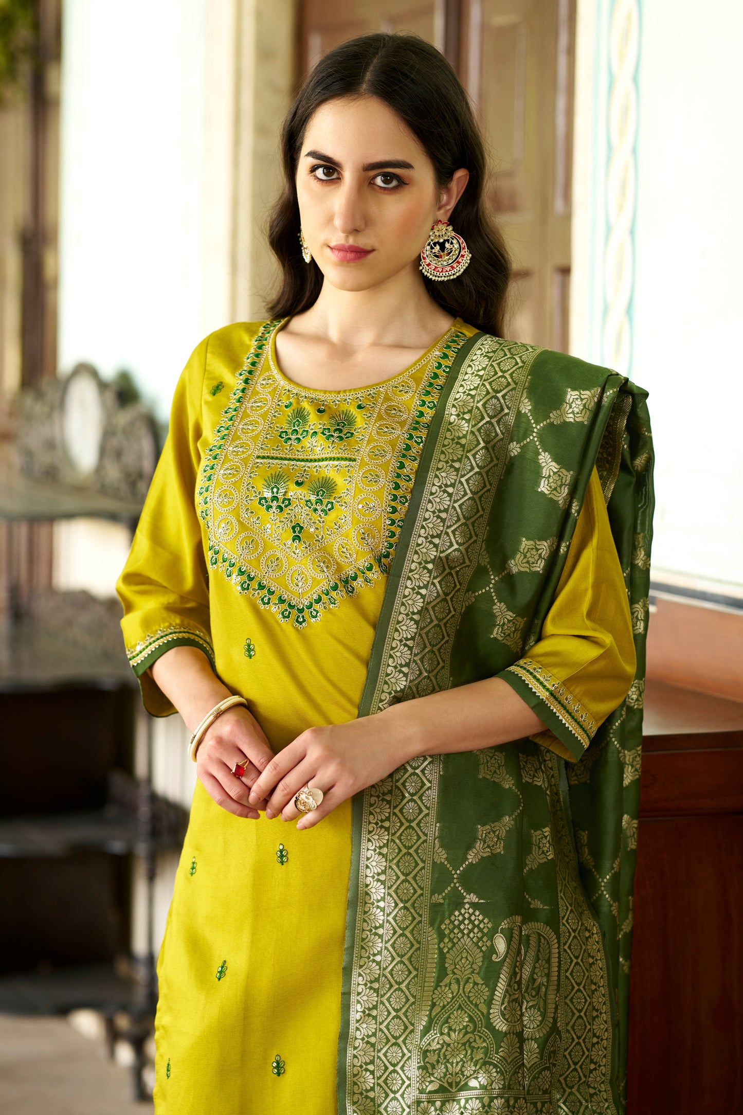 Dhiyona VV Tashi Embroidered Silk Blend Straight Suit With Dupatta