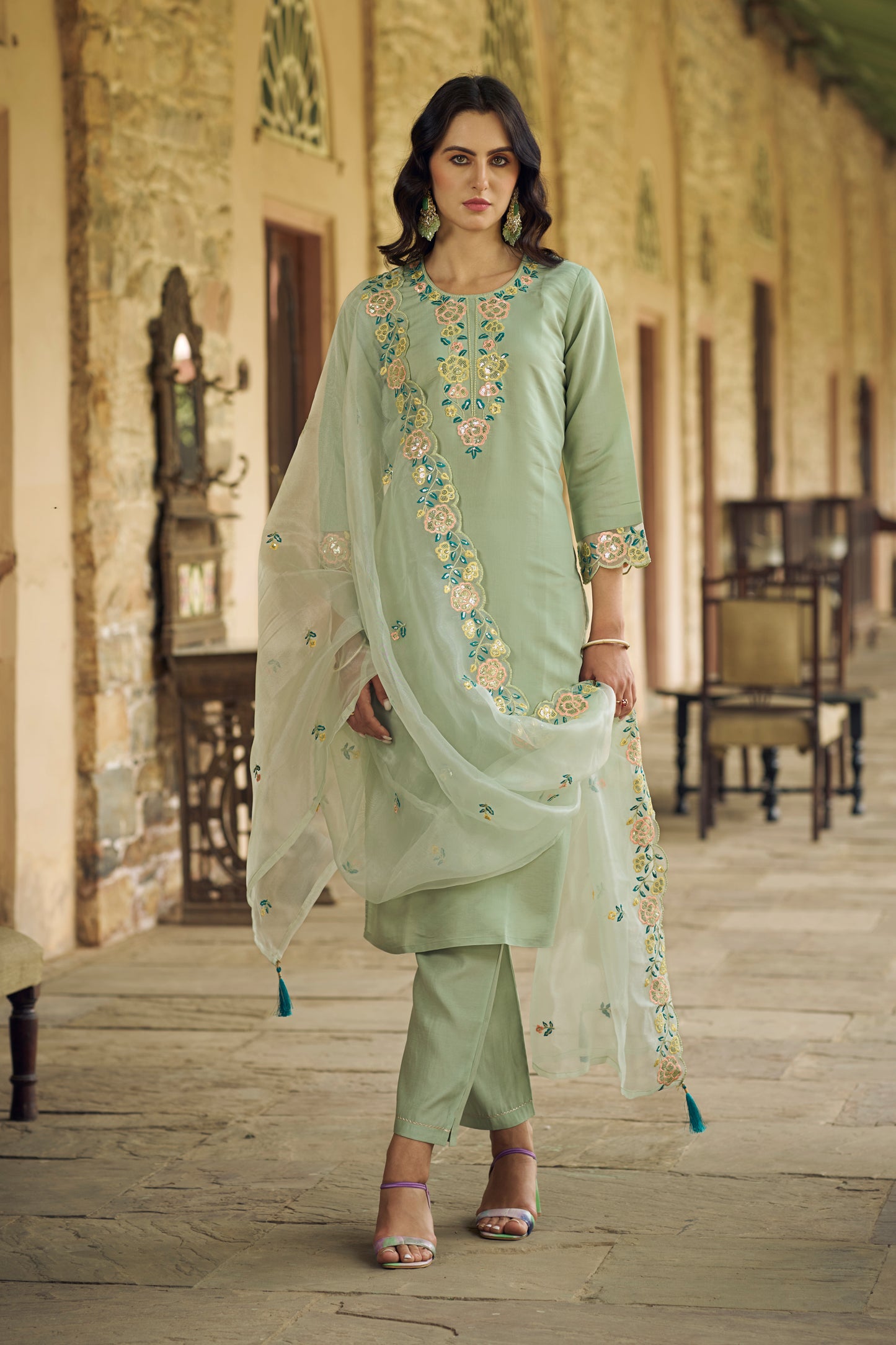 Dhiyona VV Sanskriti Women Kurta and Pant Sets Viscos Roman Silk Fabric