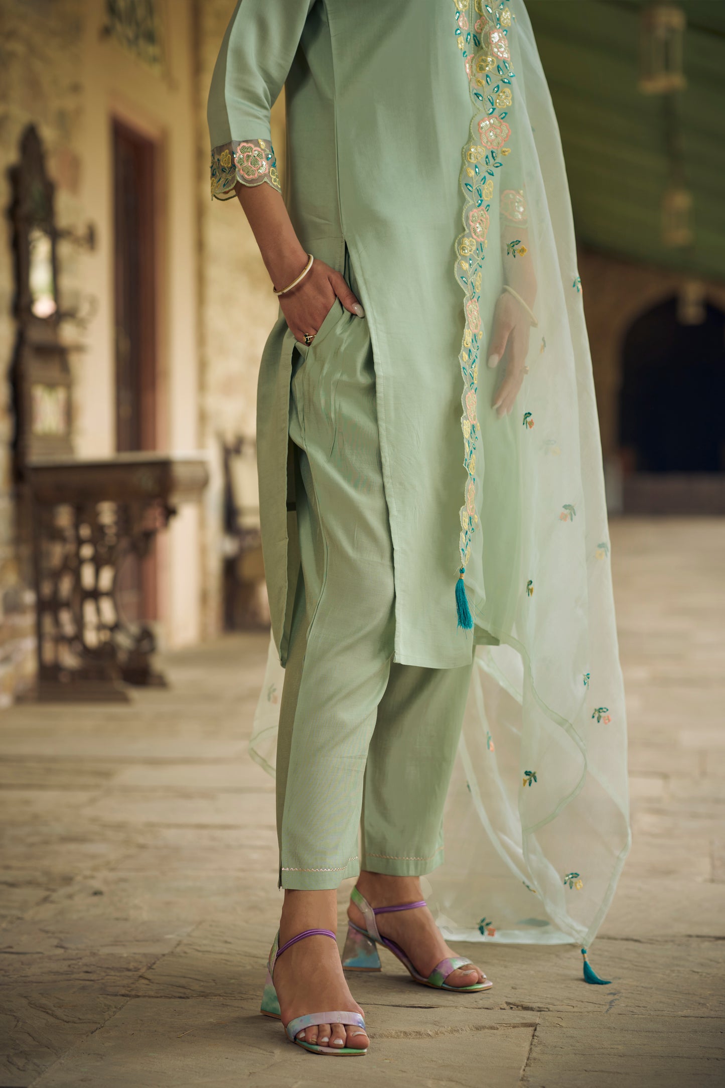 Dhiyona VV Sanskriti Women Kurta and Pant Sets Viscos Roman Silk Fabric