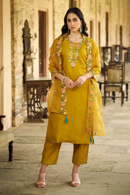 Dhiyona VV Noushin Women's Embroidered Viscose Roman Silk Kurta Pant Set with Organza Dupatta Elegant Lightweight Ethnic Wear