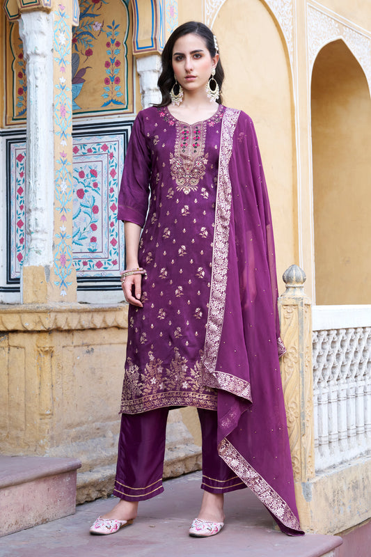 Dhiyona VV Arya Women Kurta and Pant Sets Dupatta Viscose Rayon Silk Blend with Handwork