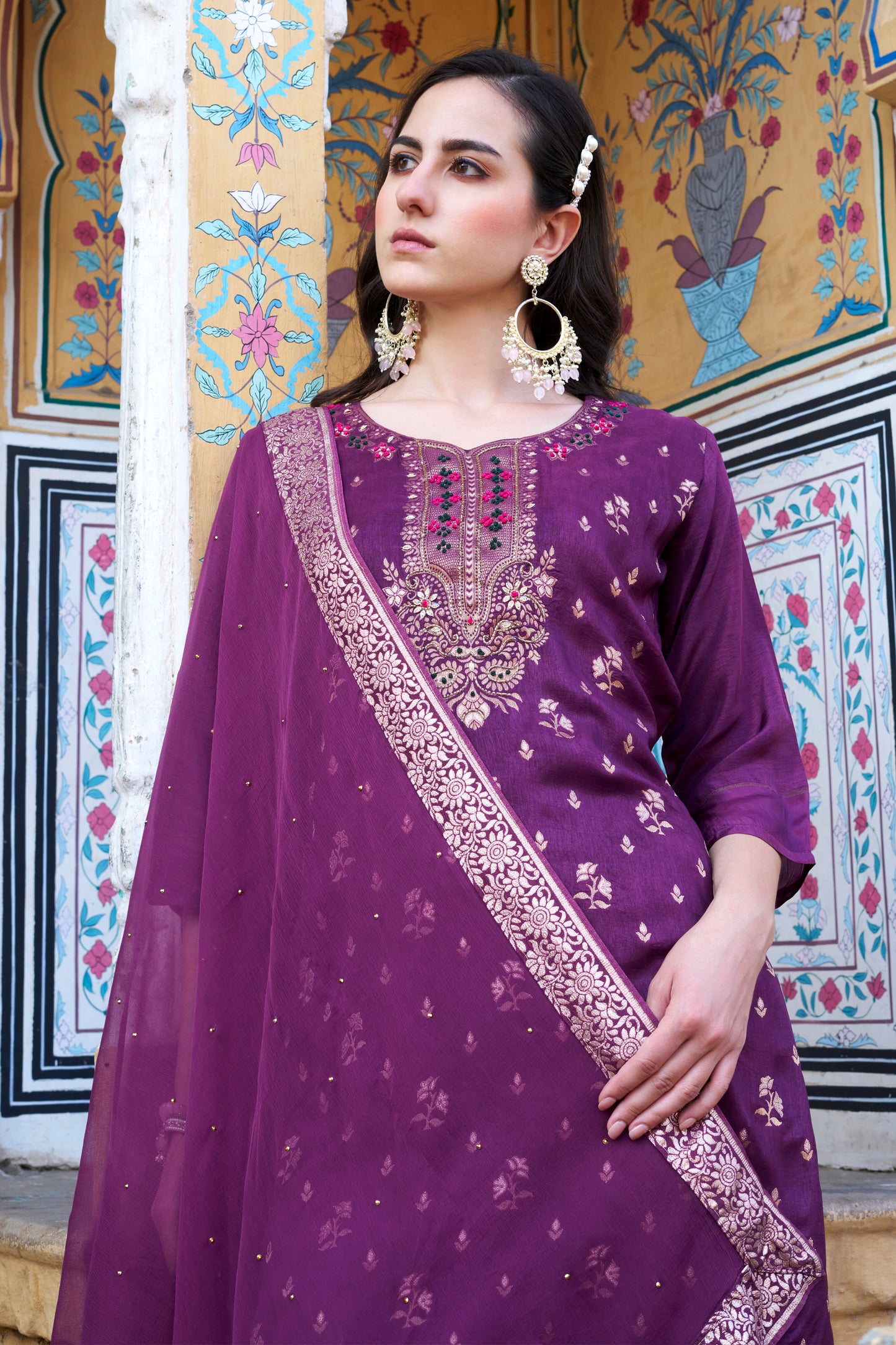 Dhiyona VV Arya Women Kurta and Pant Sets Dupatta Viscose Rayon Silk Blend with Handwork