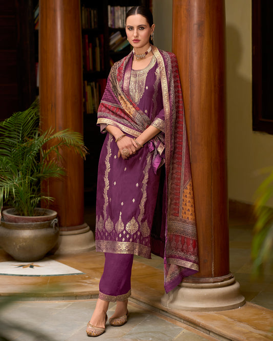 Dhiyona VV Rajtilak Viscose Self Jacquard Women Kurta and Trouser Duppata Set