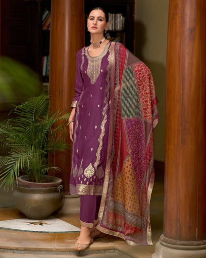 Dhiyona VV Rajtilak Viscose Self Jacquard Women Kurta and Trouser Duppata Set