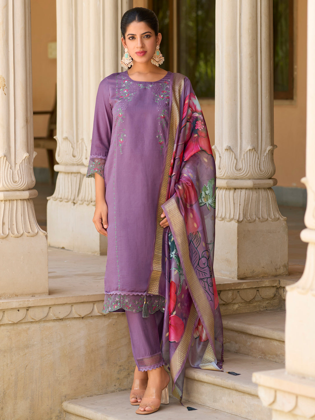 Dhiyona VV Saleena Viscose Silk Embroidery Straight Kurta Pant with Dupatta Suits