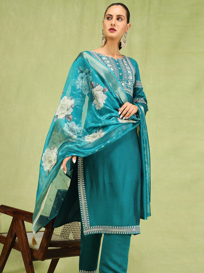 Dhiyona VV Aathmika Womens Viscose Roman Silk Embroidery Straight Kurta Pant with Dupatta Set