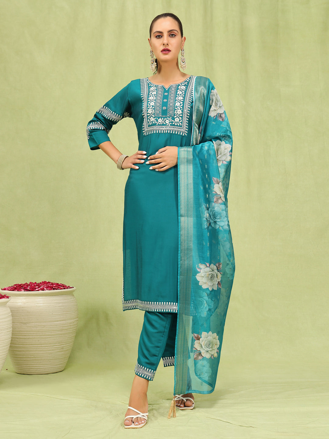 Dhiyona VV Aathmika Womens Viscose Roman Silk Embroidery Straight Kurta Pant with Dupatta Set