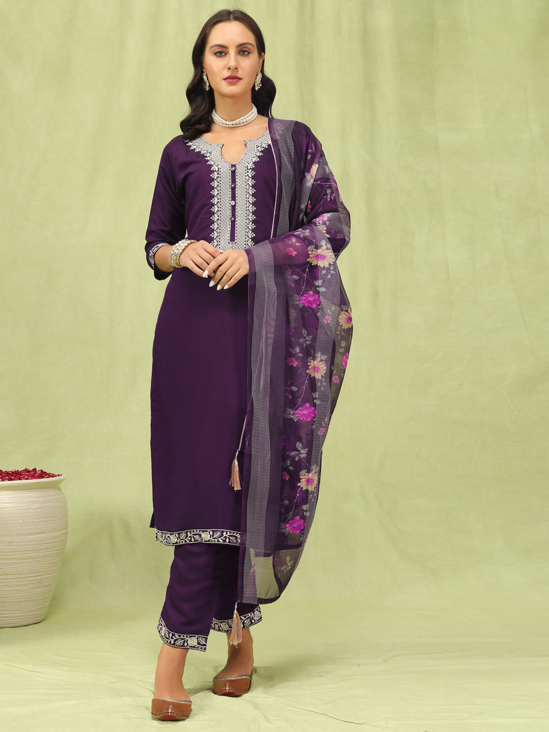 Dhiyona VV Abhaya Womens Viscose Roman Silk Embroidery Straight Kurta Pant with Dupatta Set