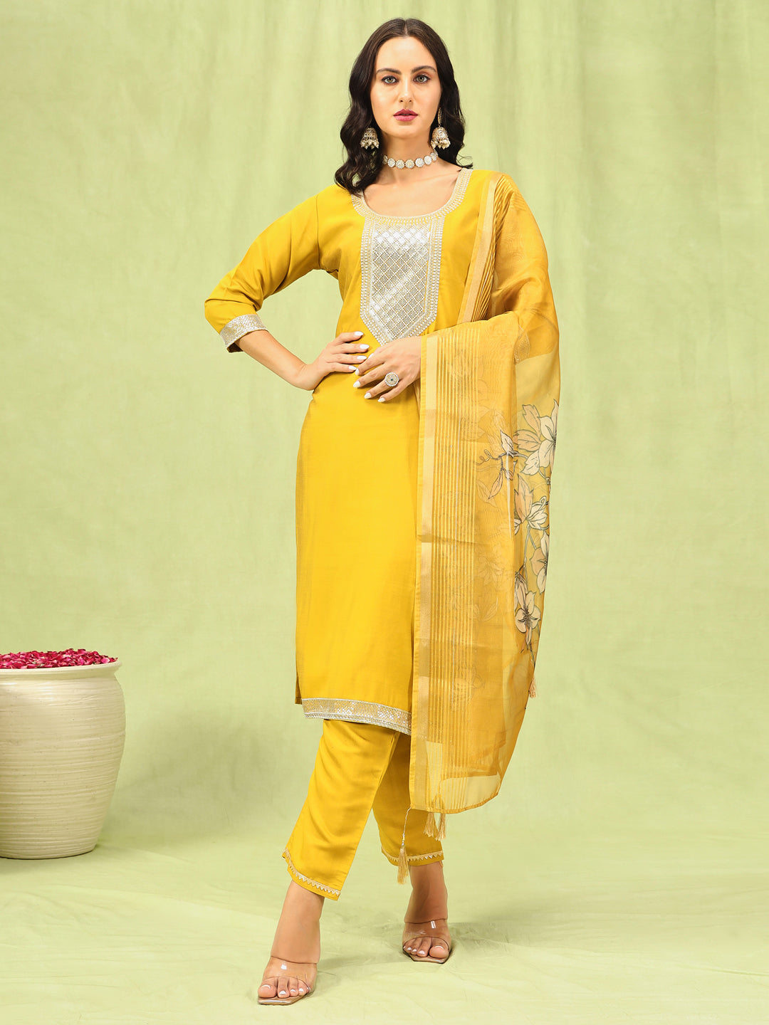 Dhiyona VV Bharthi Womens Viscose Roman Silk Embroidery Straight Kurta Pant with Dupatta Set
