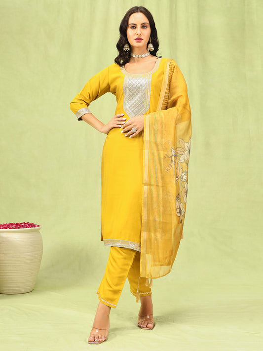 Dhiyona VV Bharthi Womens Viscose Roman Silk Embroidery Straight Kurta Pant with Dupatta Set