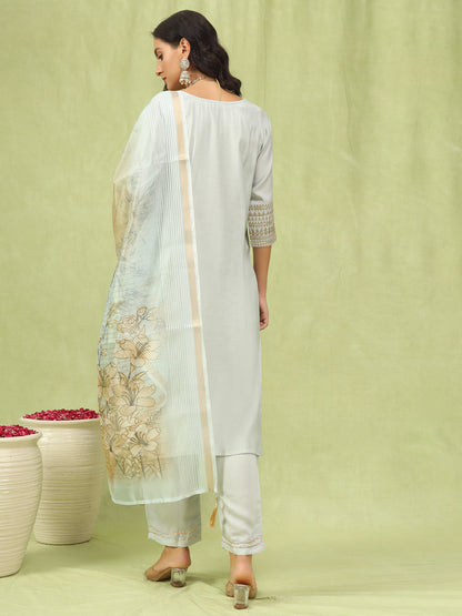 Dhiyona VV Agni Womens Viscose Roman Silk Embroidery Straight Kurta Pant with Dupatta Set