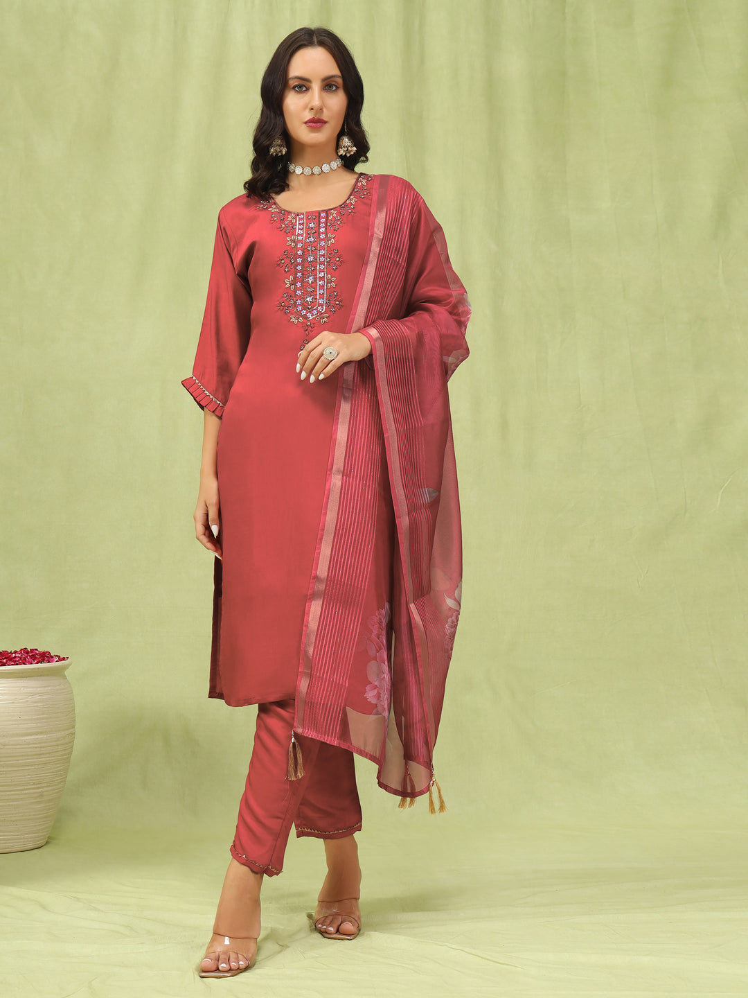 Dhiyona VV Aishwarya Womens Viscose Roman Silk Embroidery Straight Kurta Pant with Dupatta Set