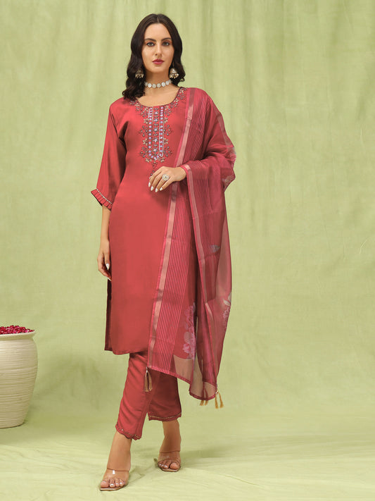 Dhiyona VV Aishwarya Womens Viscose Roman Silk Embroidery Straight Kurta Pant with Dupatta Set
