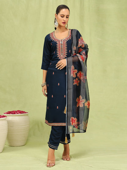 Dhiyona VV Akruti Womens Viscose Roman Silk Embroidery Straight Kurta Pant with Dupatta Set
