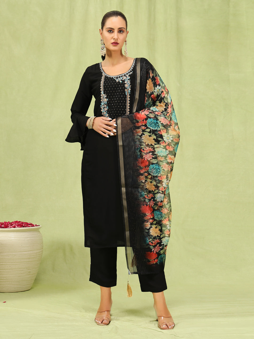 Dhiyona VV Amisha Womens Viscose Roman Silk Embroidery Straight Kurta Pant with Dupatta Set