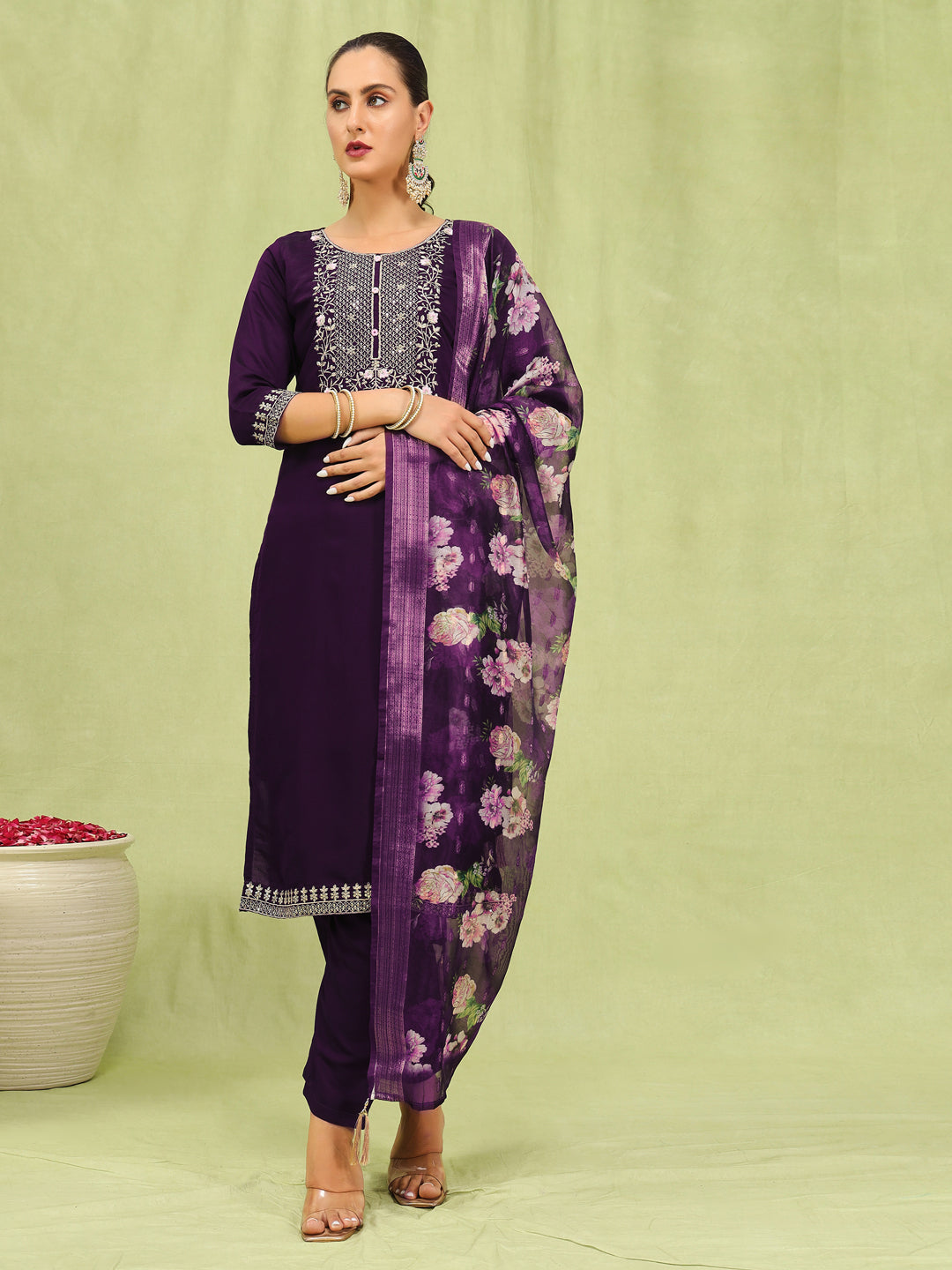 Dhiyona VV Anamika Womens Viscose Roman Silk Embroidery Straight Kurta Pant with Dupatta Set