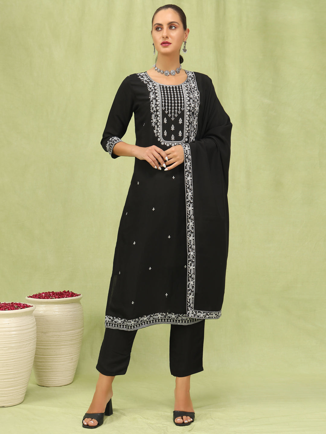 Dhiyona VV Drashti Womens Viscose Roman Silk Embroidery Straight Kurta Pant with Dupatta Set
