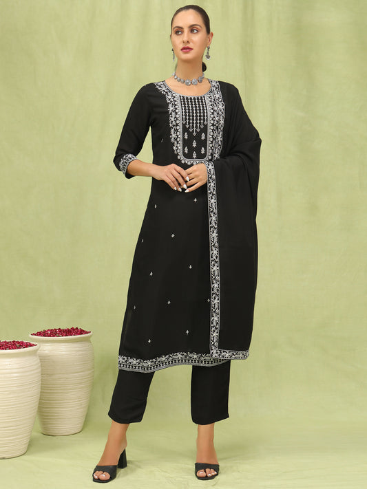 Dhiyona VV Drashti Womens Viscose Roman Silk Embroidery Straight Kurta Pant with Dupatta Set