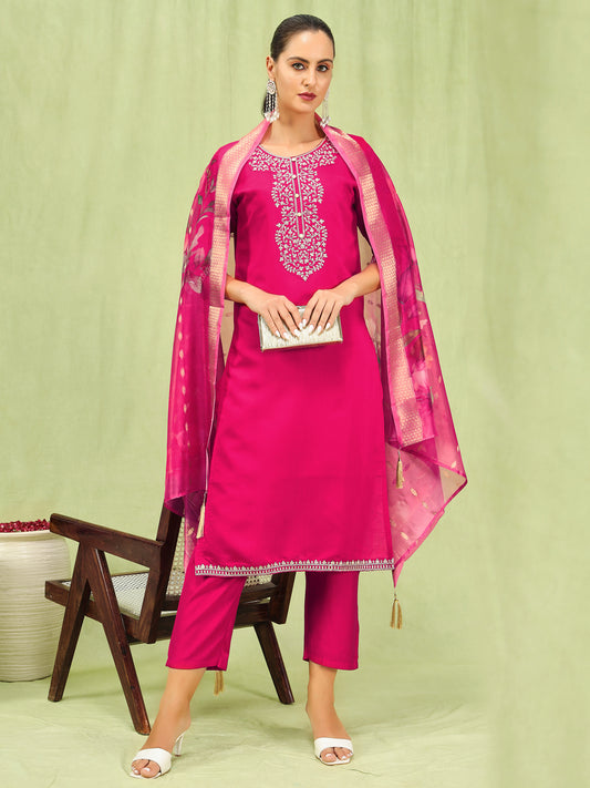 Dhiyona VV Diya Womens Viscose Roman Silk Embroidery Straight Kurta Pant with Dupatta Set