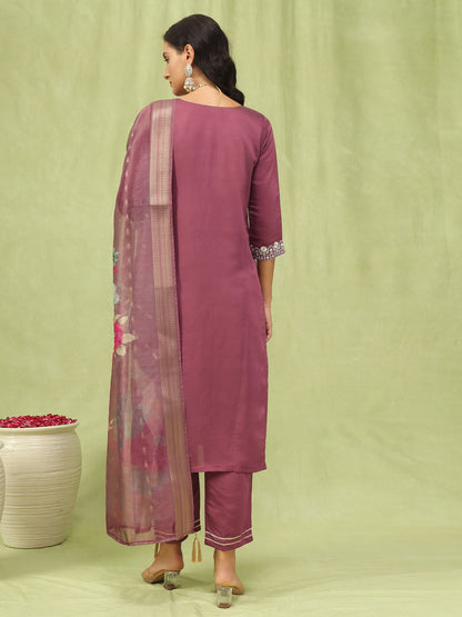Dhiyona VV Paavani Viscose Roman Silk Embroidery Straight Kurta Pant with Organza Dupatta Set