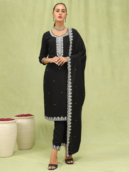 Dhiyona VV Naysa Womens Viscose Roman Silk Embroidery Straight Kurta Pant with Dupatta Set