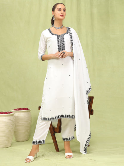 Dhiyona VV Aranya Womens Viscose Roman Silk Embroidery Straight Kurta Pant with Dupatta Set
