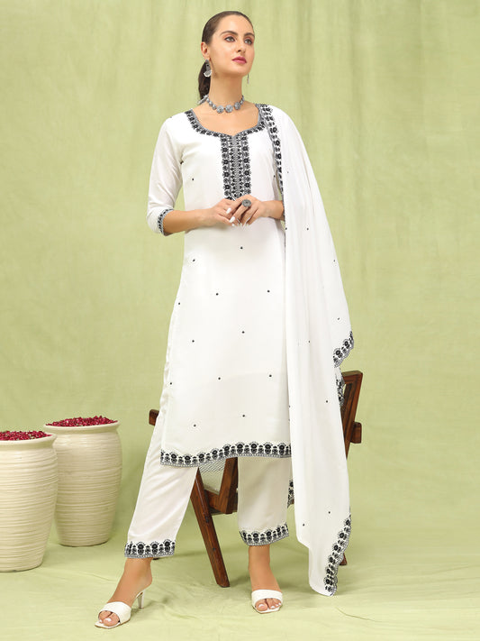 Dhiyona VV Aranya Womens Viscose Roman Silk Embroidery Straight Kurta Pant with Dupatta Set