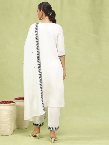 Dhiyona VV Aranya Womens Viscose Roman Silk Embroidery Straight Kurta Pant with Dupatta Set
