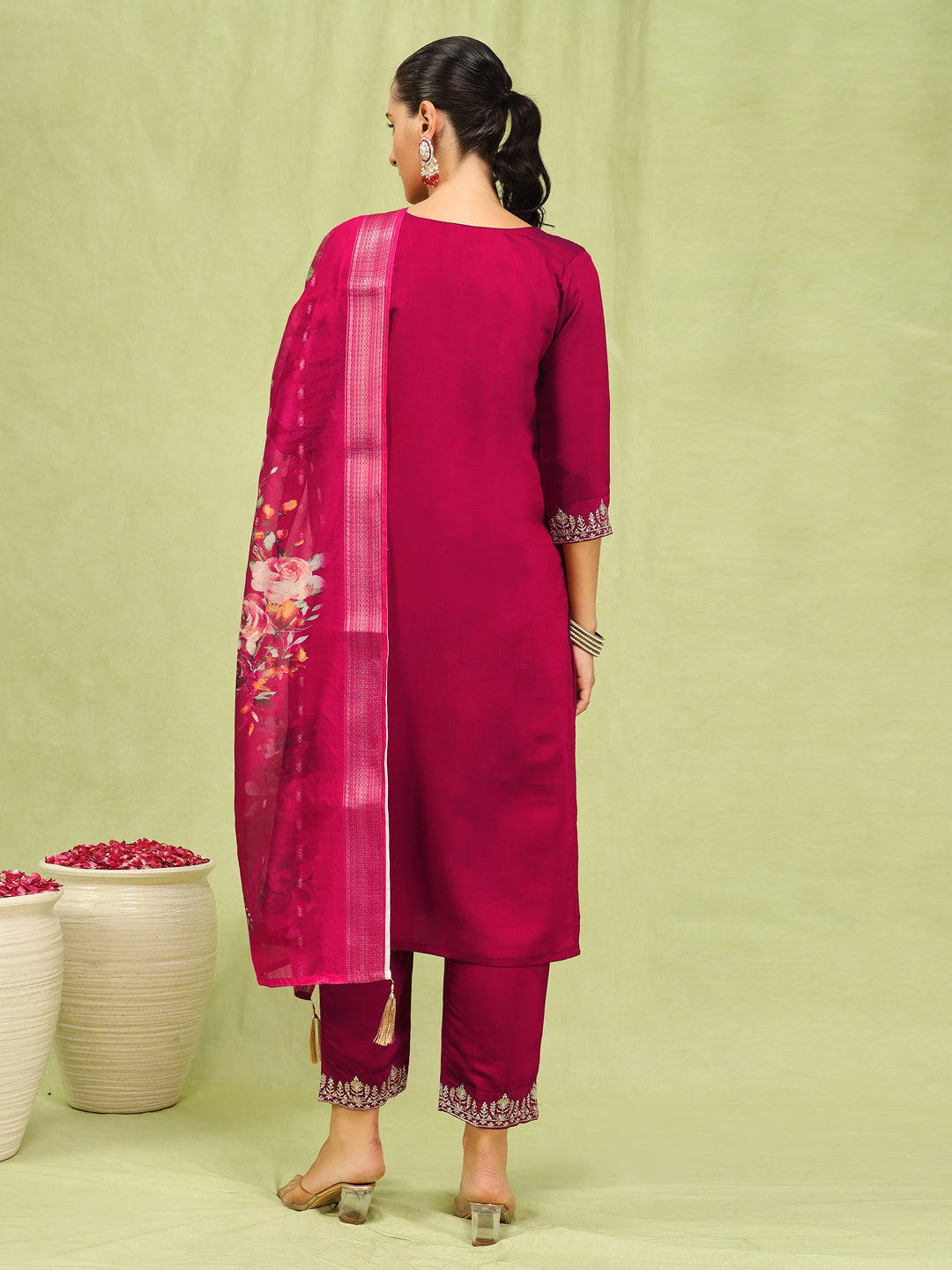 Dhiyona VV Sanjana Womens Viscose Roman Silk Embroidery Straight Kurta Pant with Dupatta Set