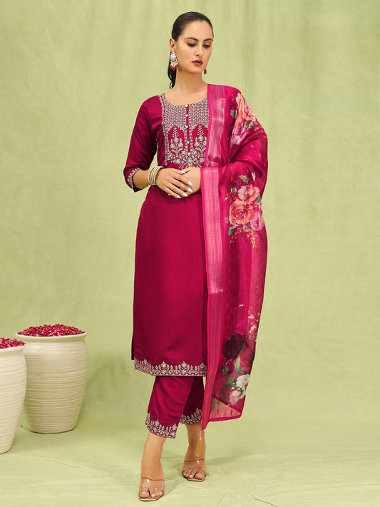 Dhiyona VV Sanjana Womens Viscose Roman Silk Embroidery Straight Kurta Pant with Dupatta Set