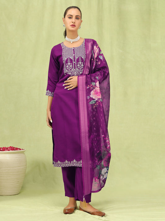 Dhiyona VV Simran Womens Viscose Roman Silk Embroidery Straight Kurta Pant with Dupatta Set