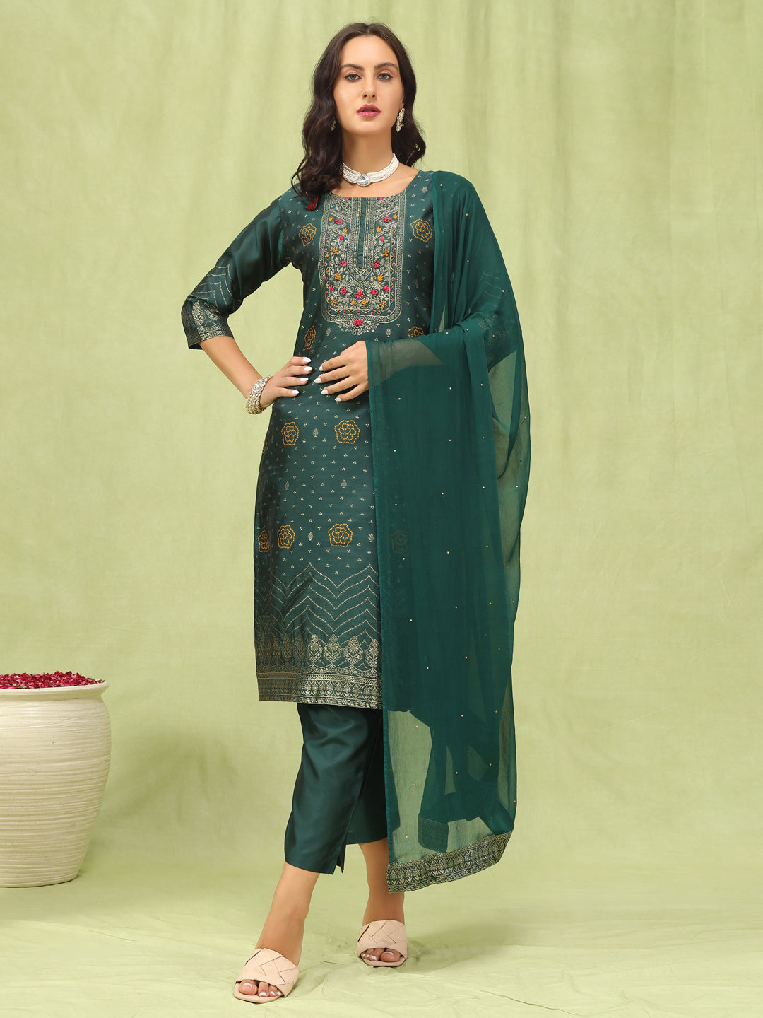 Dhiyona VV Parvati Women Cotton Silk Blend Kurta and Pant Sets with Handwork and Dupatta