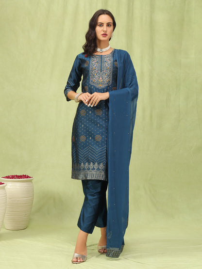 Dhiyona VV Ganga Women Cotton Silk Blend Straight Suit Set with Handwork