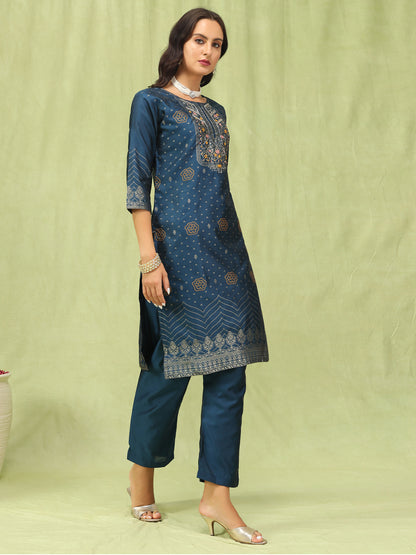 Dhiyona VV Ganga Women Cotton Silk Blend Straight Suit Set with Handwork