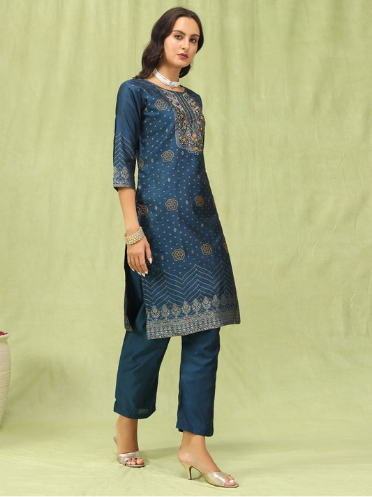 Dhiyona VV Ganga Women Cotton Silk Blend Straight Suit Set with Handwork