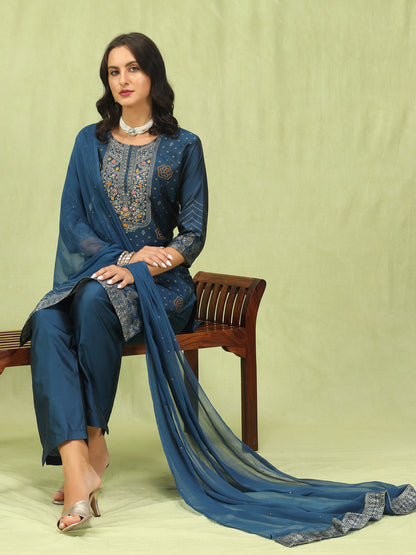Dhiyona VV Ganga Women Cotton Silk Blend Straight Suit Set with Handwork