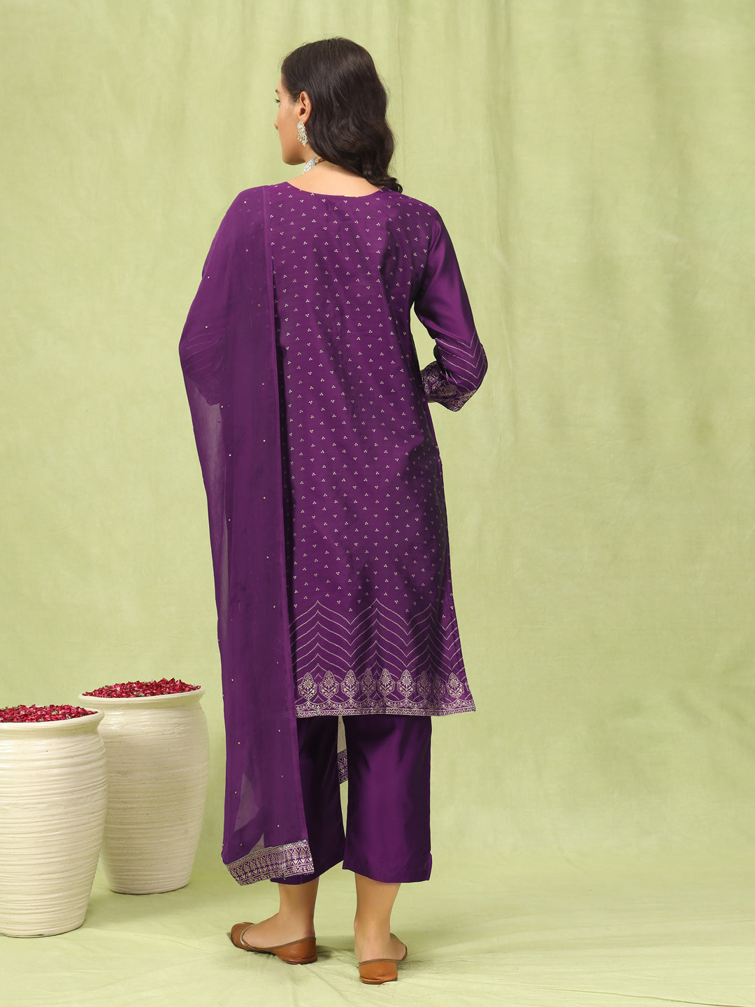 Dhiyona VV Heera Purple Women Cotton Silk Blend Straight Suit Set with Handwork