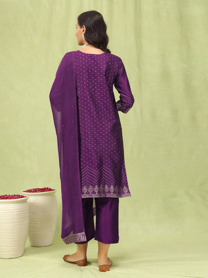 Dhiyona VV Heera Purple Women Cotton Silk Blend Straight Suit Set with Handwork