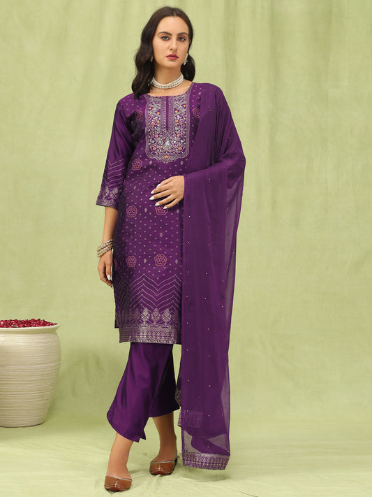 Dhiyona VV Heera Purple Women Cotton Silk Blend Straight Suit Set with Handwork